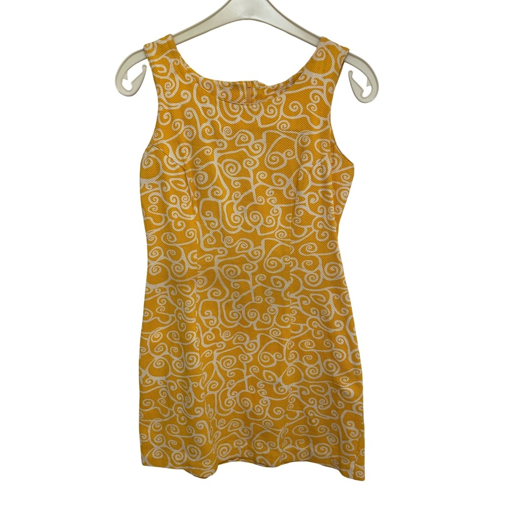 Vintage Late‎ 60s Granite Yellow Swirl Print Sleeveless Sheath Dress Size 3/4